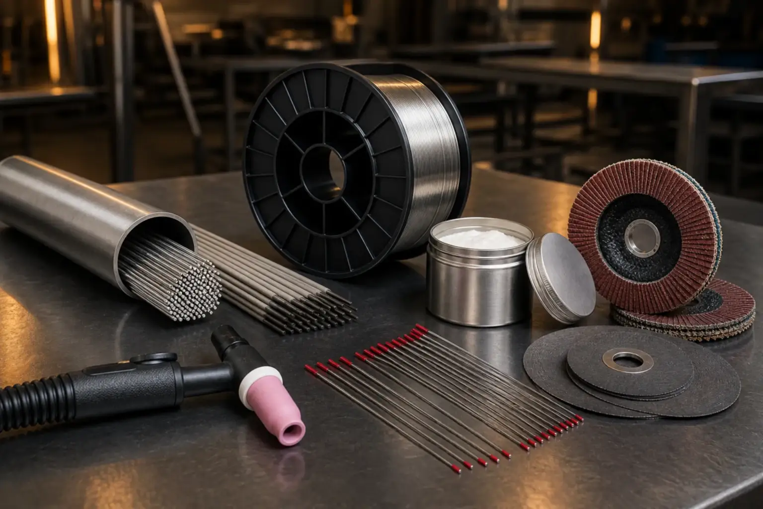 Paslanmaz TIG kaynak teli, elektrot, tungsten çubuk, kesici taş ve flap disk