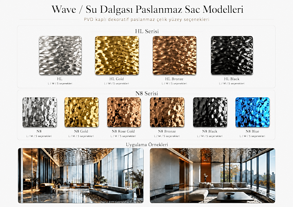 Gold, rose gold, bronze, black ve blue wave su dalgası paslanmaz sac modelleri